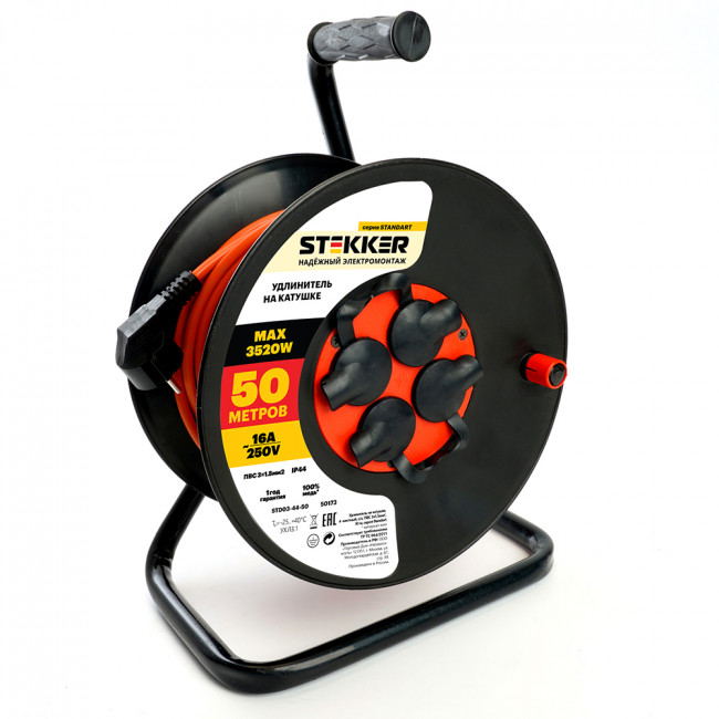 Удлинитель на катушке Stekker STD03-44-50 Standart 4-местный с/з ПВС 3*1,5, оранжевый, 16А, IP44, 50м (80104), артикул STEKKER 50173