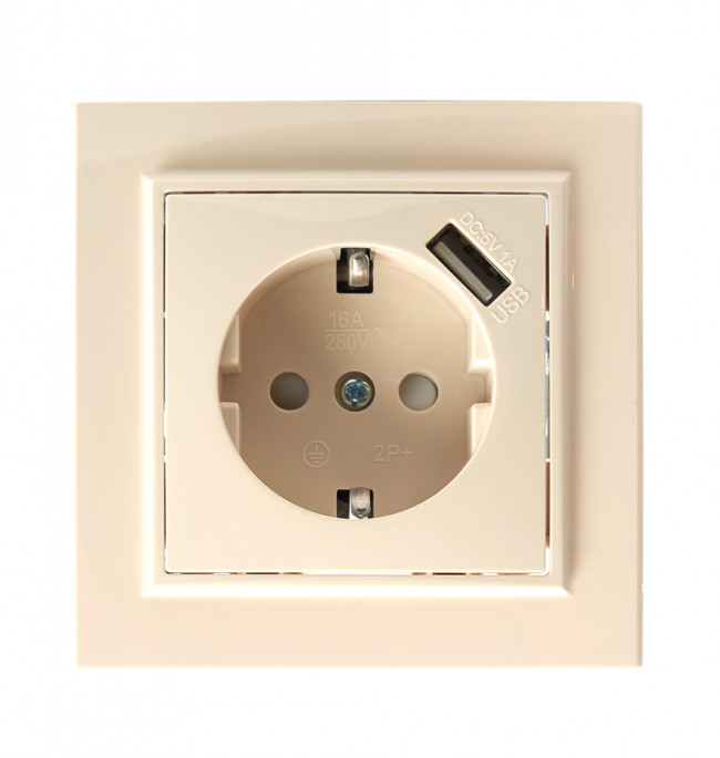 Розетка 1-местная с/з, STEKKER, PST16-9011-02 250В, 16А с защитной шторкой и с USB, серия Эрна, слоновая кость, артикул STEKKER 39237