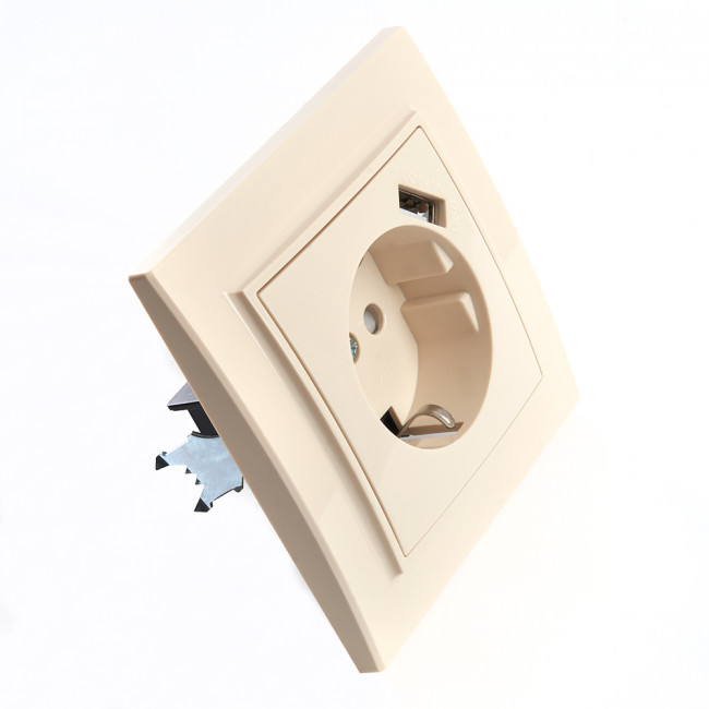 Розетка 1-местная с/з, STEKKER, PST16-9011-02 250В, 16А с защитной шторкой и с USB, серия Эрна, слоновая кость, артикул STEKKER 39237