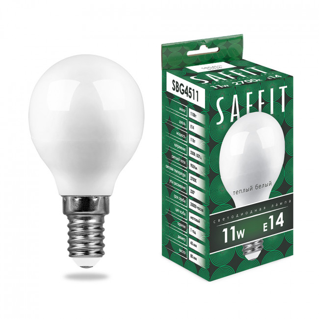 Лампа светодиодная SAFFIT SBG4511 Шарик E14 11W 230V 2700K, артикул SAFFIT 55136