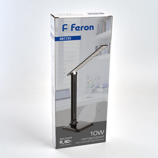 Настольный светодиодный светильник Feron DE1725 10W, 4000K, 100-240V, черный, артикул FERON 29860 Настольный светодиодный светильник Feron DE1725 10W, 4000K, 100-240V, черный, артикул FERON 29860