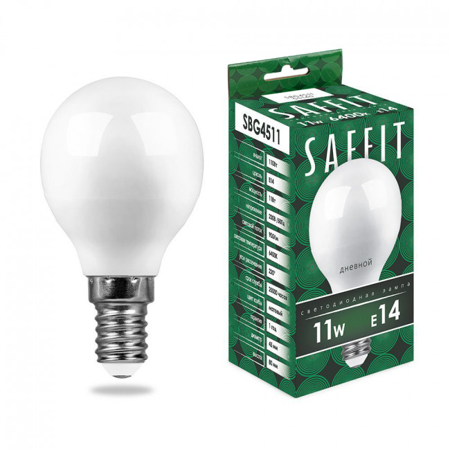 Лампа светодиодная SAFFIT SBG4511 Шарик E14 11W 230V 6400K, артикул SAFFIT 55140