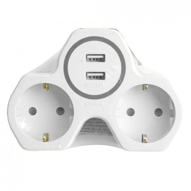 Разветвитель сетевой 2-местный с/з STEKKER ADP16-14-20, 250V, 16A и 2-мя USB выходами на 2,4А, огнеустойчивый пластик, белый/серый, артикул STEKKER 32872