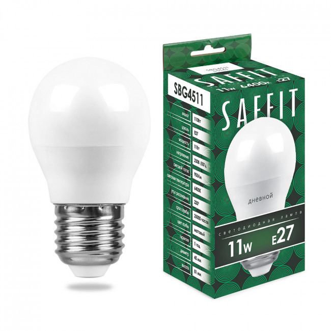 Лампа светодиодная SAFFIT SBG4511 Шарик E27 11W 230V 6400K, артикул SAFFIT 55141