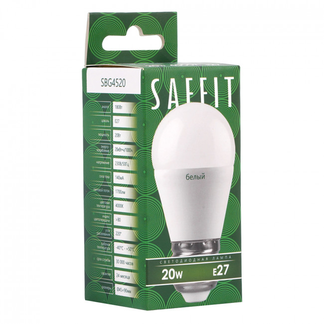 Лампа светодиодная SAFFIT SBG4520 Шарик E27 20W 230V 4000K, артикул SAFFIT 55277
