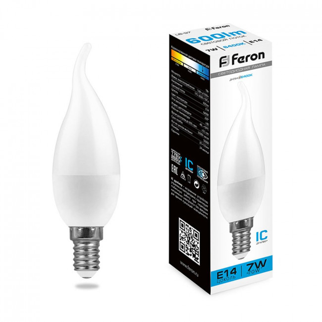 Лампа светодиодная Feron LB-97 Свеча на ветру E14 7W 175-265V 6400K, артикул FERON 38135