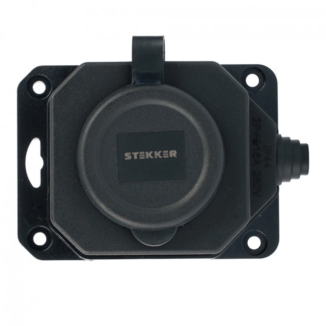 Розетка переносная 1-местная c/з STEKKER, RST16-1-44, 250В, 16А, IP44, черный, артикул STEKKER 50804
