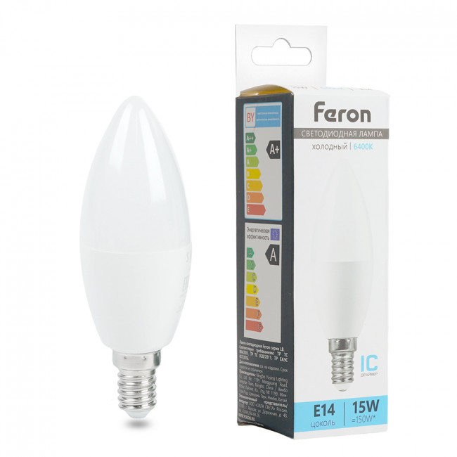 Лампа светодиодная Feron LB-980 Свеча E14 15W 175-265V 6400K, артикул FERON 52074 Лампа светодиодная Feron LB-980 Свеча E14 15W 175-265V 6400K, артикул FERON 52074