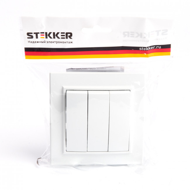 Выключатель 3-клавишный STEKKER  PSW10-9007-01, 250В, 10А, серия Эрна, белый, артикул STEKKER 39922