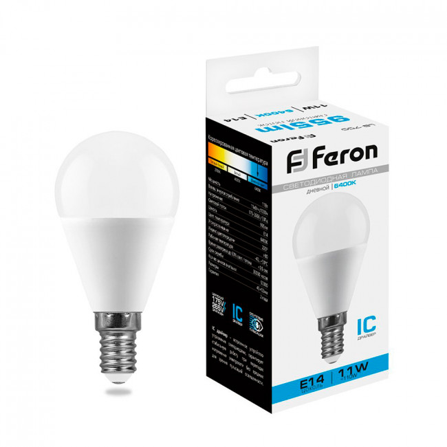 Лампа светодиодная Feron LB-750 Шарик E14 11W 175-265V 6400K, артикул FERON 25948