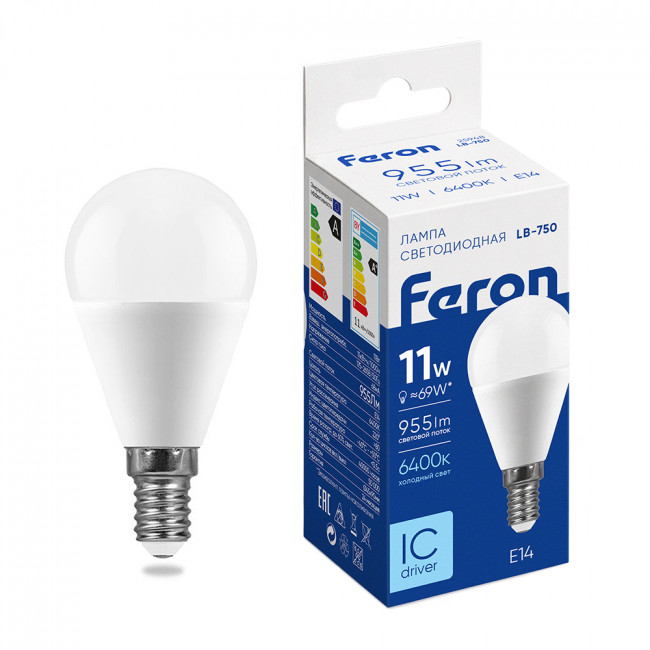 Лампа светодиодная Feron LB-750 Шарик E14 11W 175-265V 6400K, артикул FERON 25948