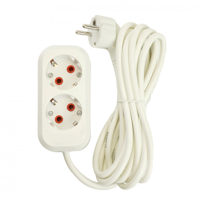 Удлинитель двухместный с/з  STEKKER HM06-21-02 3x1мм2, 2м, серия Home, белый, артикул STEKKER 49339