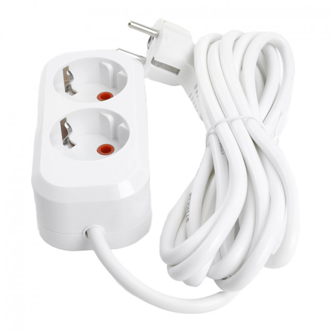 Удлинитель двухместный с/з  STEKKER HM06-21-02 3x1мм2, 2м, серия Home, белый, артикул STEKKER 49339