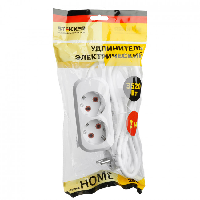 Удлинитель двухместный с/з  STEKKER HM06-21-02 3x1мм2, 2м, серия Home, белый, артикул STEKKER 49339