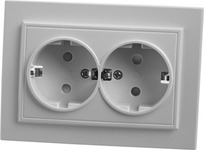 Розетка 2-местная с/з STEKKER, PST16-9014-01, 250В, 16А с защитной шторкой, серия Эрна, белый, артикул STEKKER 39054