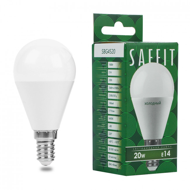 Лампа светодиодная SAFFIT SBG4520 Шарик E14 20W 230V 6400K, артикул SAFFIT 55280 Лампа светодиодная SAFFIT SBG4520 Шарик E14 20W 230V 6400K, артикул SAFFIT 55280