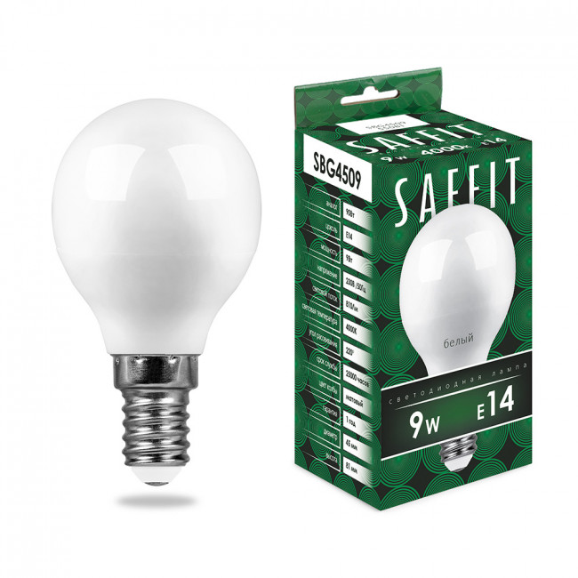 Лампа светодиодная SAFFIT SBG4509 Шарик E14 9W 230V 4000K, артикул SAFFIT 55081