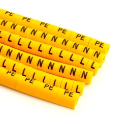Кабель-маркеры наборные "L, N, PE" STEKKER CBMR25-S2 для провода сечением до 4мм2, желтый (10 отрезков по 30 шт)