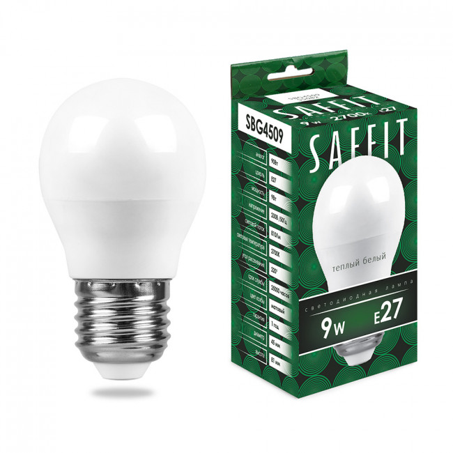 Лампа светодиодная SAFFIT SBG4509 Шарик E27 9W 230V 2700K, артикул SAFFIT 55082