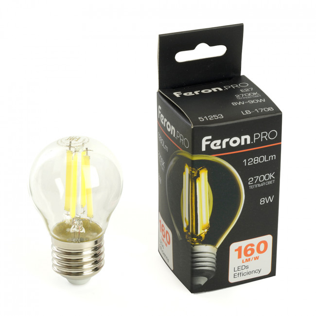 Лампа светодиодная Feron.PRO LB-1708 Шарик E27 1280LM 8W 175-265V 2700K, артикул FERON 51253 Лампа светодиодная Feron.PRO LB-1708 Шарик E27 1280LM 8W 175-265V 2700K, артикул FERON 51253