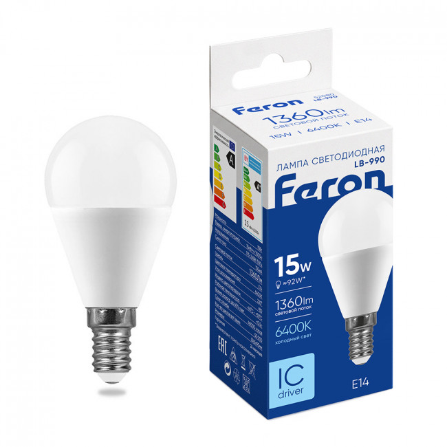 Лампа светодиодная Feron LB-990 Шарик E14 15W 175-265V 6400K, артикул FERON 52080