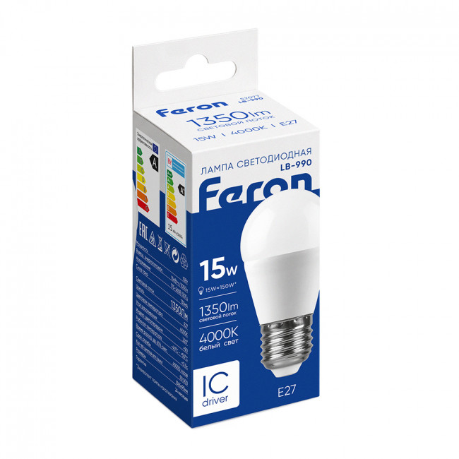Лампа светодиодная Feron LB-990 Шарик E27 15W 175-265V 4000K, артикул FERON 52077