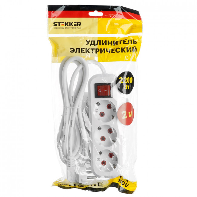 Удлинитель трехместный с/з с выключателем STEKKER HM03-31-02 3x0,75, 2м, серия Home (У10А-002), белый, артикул STEKKER 39197