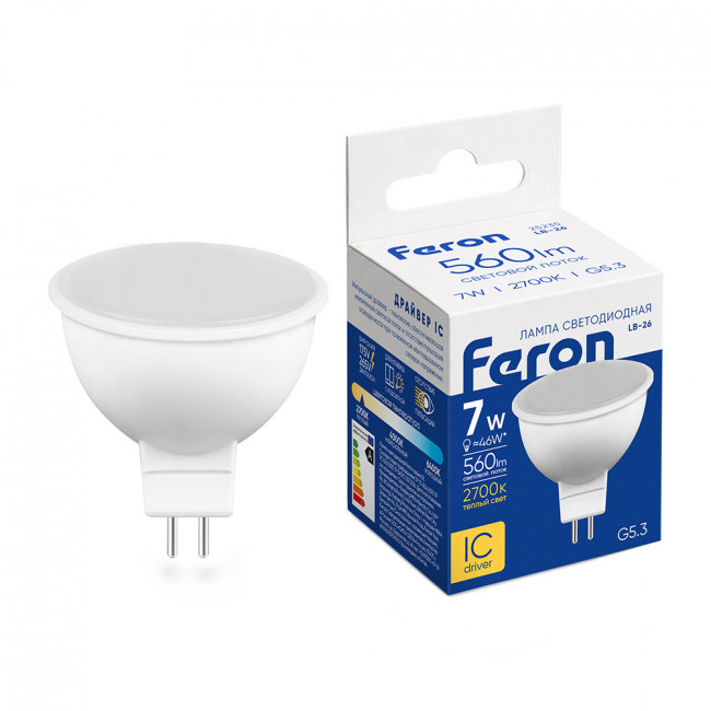 Лампа светодиодная Feron LB-26 MR16 G5.3 7W 175-265V 2700K, артикул FERON 25235 Лампа светодиодная Feron LB-26 MR16 G5.3 7W 175-265V 2700K, артикул FERON 25235