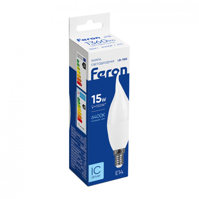 Лампа светодиодная Feron LB-980 Свеча на ветру E14 15W 175-265V 6400K, артикул FERON 52076