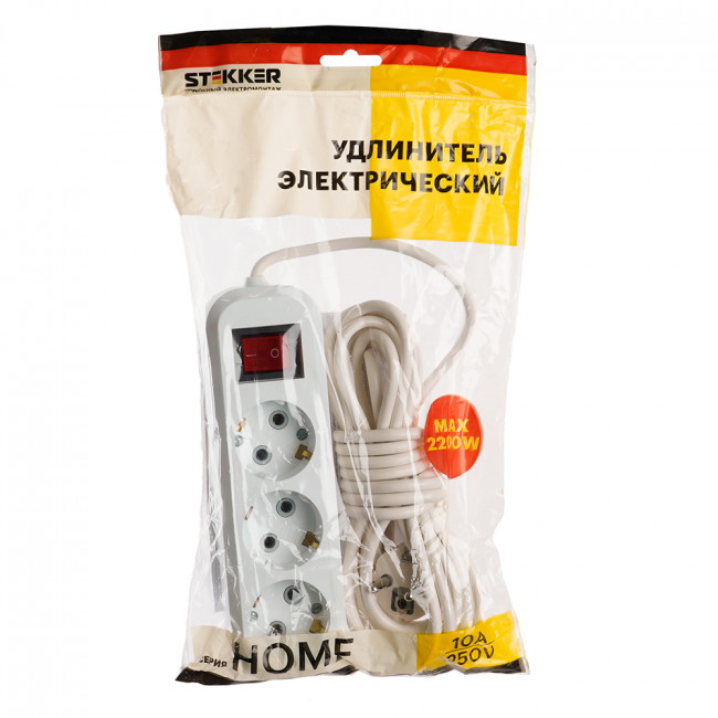 Удлинитель трехместный с/з с выключателем STEKKER HM03-31-05 3x0,75, 5м, серия Home (У10А-002), белый, артикул STEKKER 39199