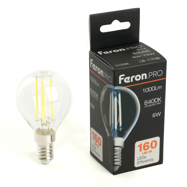 Лампа светодиодная Feron.PRO LB-1706 Шарик E14 1000LM 6W 175-265V 6400K, артикул FERON 51258 Лампа светодиодная Feron.PRO LB-1706 Шарик E14 1000LM 6W 175-265V 6400K, артикул FERON 51258