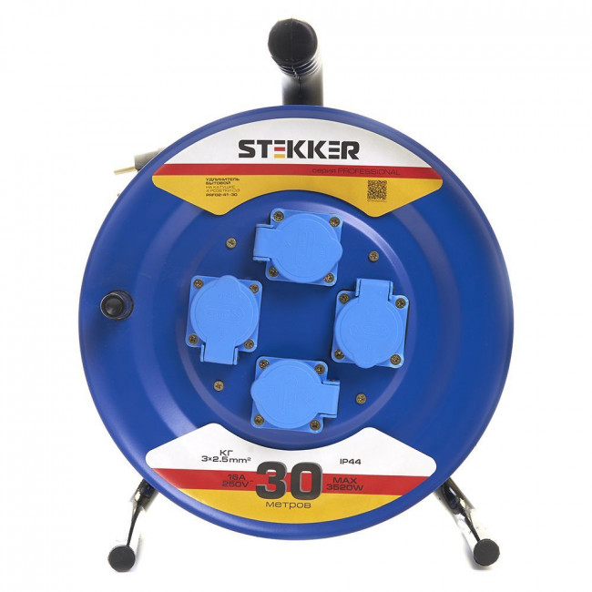 Удлинитель на металлической катушке с/з 4-местный Stekker, PRF02-41-30, 30м, 3*2,5, серия Professional, синий, артикул STEKKER 39296 Удлинитель на металлической катушке с/з 4-местный Stekker, PRF02-41-30, 30м, 3*2,5, серия Professional, синий, артикул STEKKER 39296