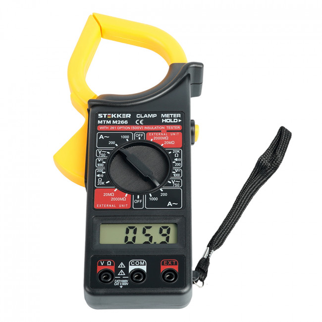 MTM M266 Клещи токоизмерительные, 1999 отсчетов,  батарея крона, ручная регулировка, черный/желтый, артикул STEKKER 49996