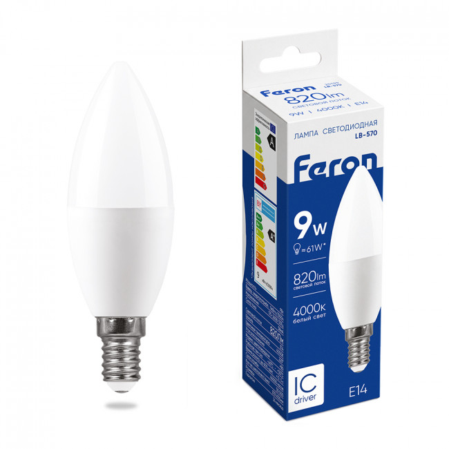 Лампа светодиодная Feron LB-570 Свеча E14 9W 175-265V 4000K, артикул FERON 25799