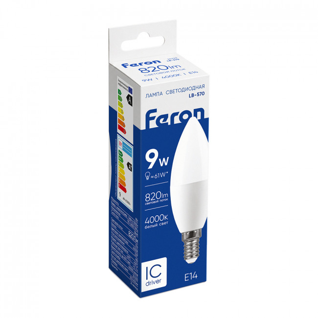Лампа светодиодная Feron LB-570 Свеча E14 9W 175-265V 4000K, артикул FERON 25799