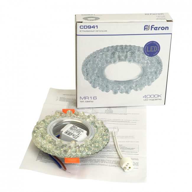 Светильник встраиваемый с LED подсветкой Feron CD941 потолочный MR16 G5.3 прозрачный, артикул FERON 32654 Светильник встраиваемый с LED подсветкой Feron CD941 потолочный MR16 G5.3 прозрачный, артикул FERON 32654