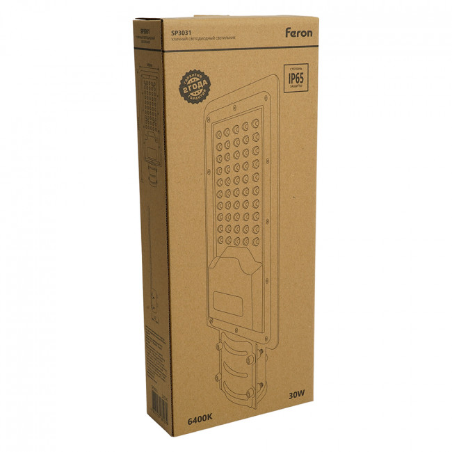 Светодиодный уличный консольный светильник Feron SP3031 30W 6400K 230V, серый, артикул FERON 32576 Светодиодный уличный консольный светильник Feron SP3031 30W 6400K 230V, серый, артикул FERON 32576