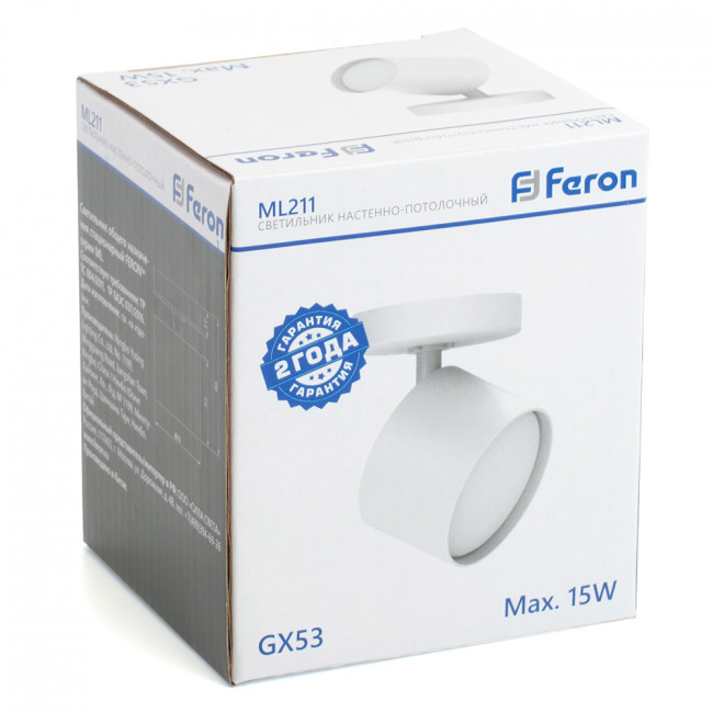Светильник Feron ML211 настенно-потолочный под лампу GX53, белый, артикул FERON 41474 Светильник Feron ML211 настенно-потолочный под лампу GX53, белый, артикул FERON 41474