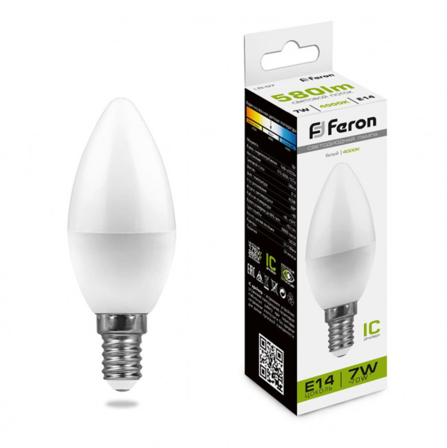Лампа светодиодная Feron LB-97 Свеча E14 7W 175-265V 4000K, артикул FERON 25476 Лампа светодиодная Feron LB-97 Свеча E14 7W 175-265V 4000K, артикул FERON 25476