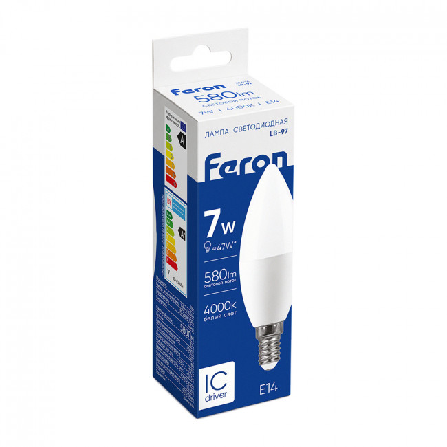 Лампа светодиодная Feron LB-97 Свеча E14 7W 175-265V 4000K, артикул FERON 25476