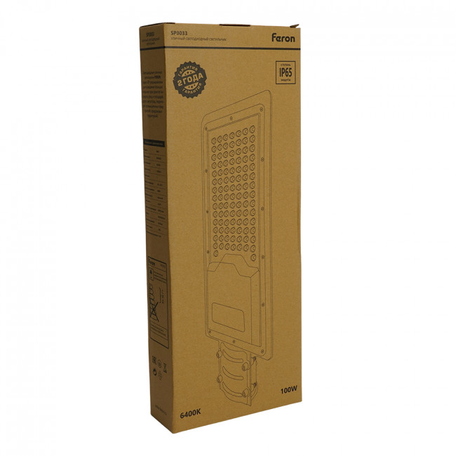 Светодиодный уличный консольный светильник Feron SP3033 100W 6400K 230V, серый, артикул FERON 32578 Светодиодный уличный консольный светильник Feron SP3033 100W 6400K 230V, серый, артикул FERON 32578