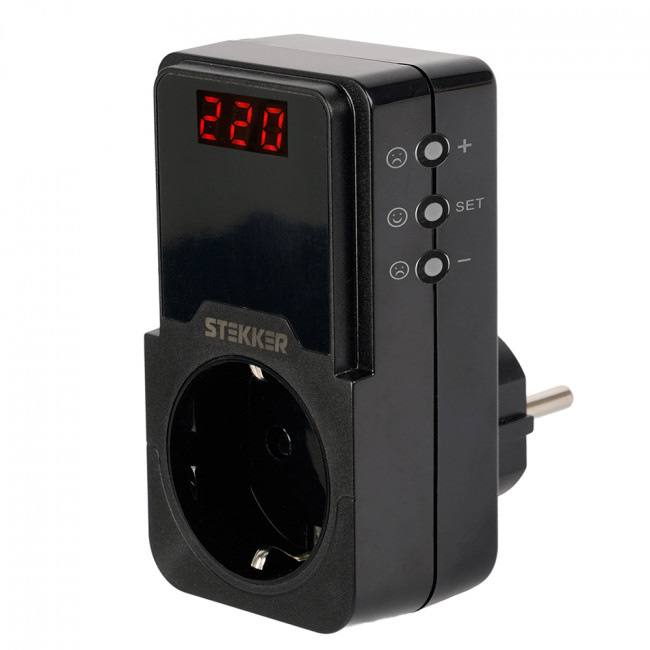 Реле напряжения для розетки регулируемое  STEKKER  VPR-200B, 230В,16A,черный, артикул STEKKER 50690