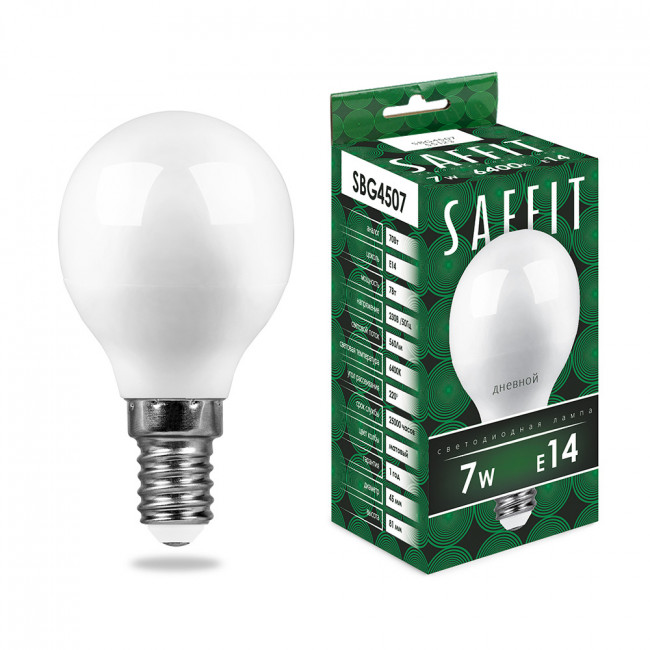 Лампа светодиодная SAFFIT SBG4507 Шарик E14 7W 230V 6400K, артикул SAFFIT 55123