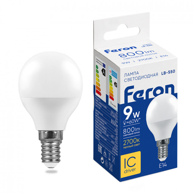 Лампа светодиодная Feron LB-550 Шарик E14 9W 175-265V 2700K, артикул FERON 25801
