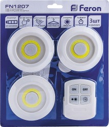 Светодиодный светильник-кнопка (3шт в блистере+пульт) 1LED 3W (3*AAA в комплект не входят),  90*22мм, белый, FN1207