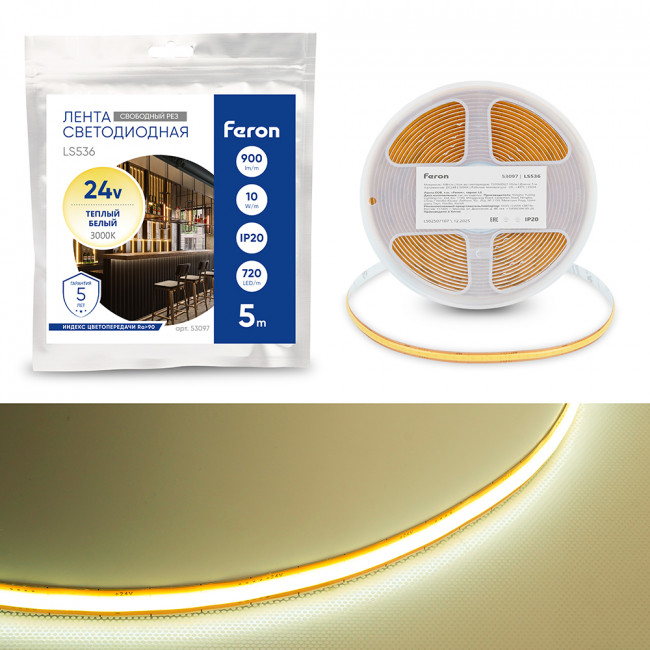 Лента светодиодная 720SMD(2110) 10Вт/м 24V 5000*8*1.8мм IP20 3000К, LS536 FERON СВОБОДНЫЙ РЕЗ, артикул FERON 53097
