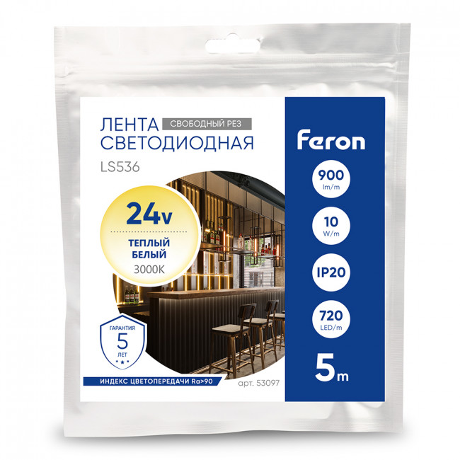Лента светодиодная 720SMD(2110) 10Вт/м 24V 5000*8*1.8мм IP20 3000К, LS536 FERON СВОБОДНЫЙ РЕЗ, артикул FERON 53097