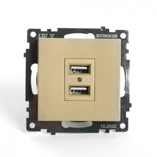 Розетка 2-местная USB (механизм), STEKKER, GLS10-7115-08, 250В, 2,1А, серия Катрин, золото, артикул STEKKER 49229 Розетка 2-местная USB (механизм), STEKKER, GLS10-7115-08, 250В, 2,1А, серия Катрин, золото, артикул STEKKER 49229