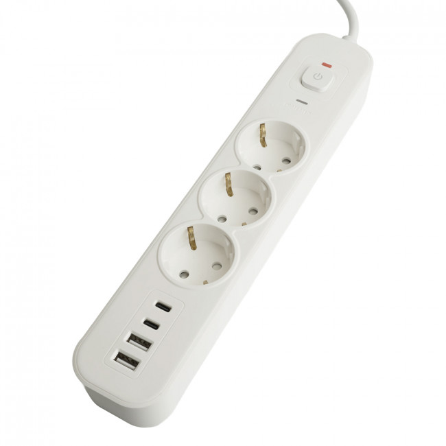 Сетевой фильтр 3-местный с/з STEKKER 3x1мм2, 1,8 м, 250В, 16А, 2 USB-A+2 Type-C, серия Nova, белый, артикул STEKKER 50099