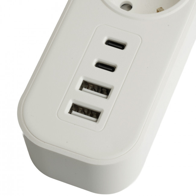 Сетевой фильтр 3-местный с/з STEKKER 3x1мм2, 1,8 м, 250В, 16А, 2 USB-A+2 Type-C, серия Nova, белый, артикул STEKKER 50099